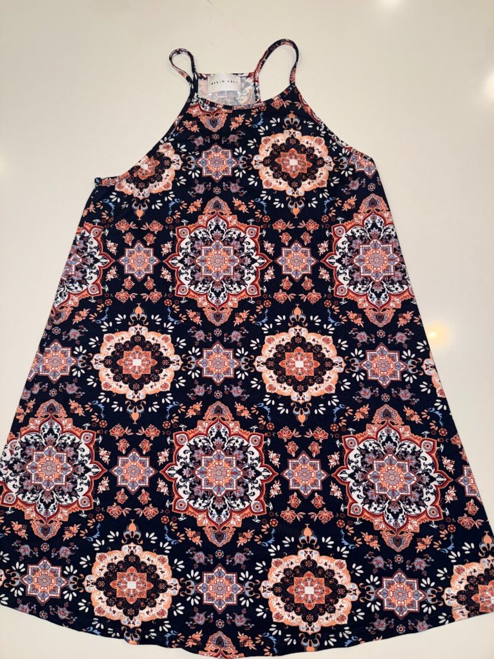 French Grey Boho Mandala Halter Dress Medium
